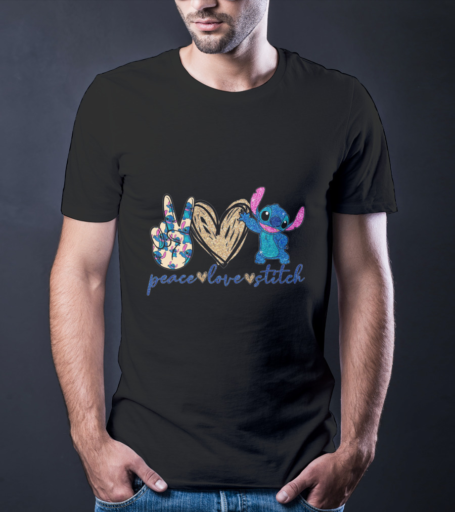 Peace Love Stitch Glittery Heart And Peace Sign T-Shirt