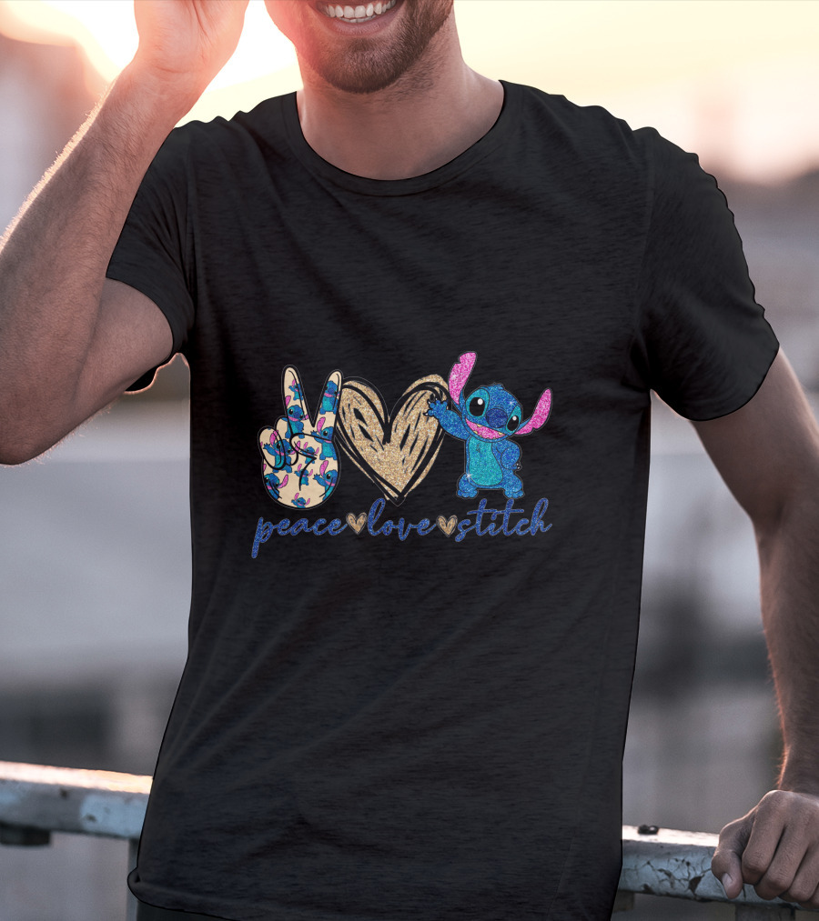Peace Love Stitch Glittery Heart And Peace Sign T-Shirt