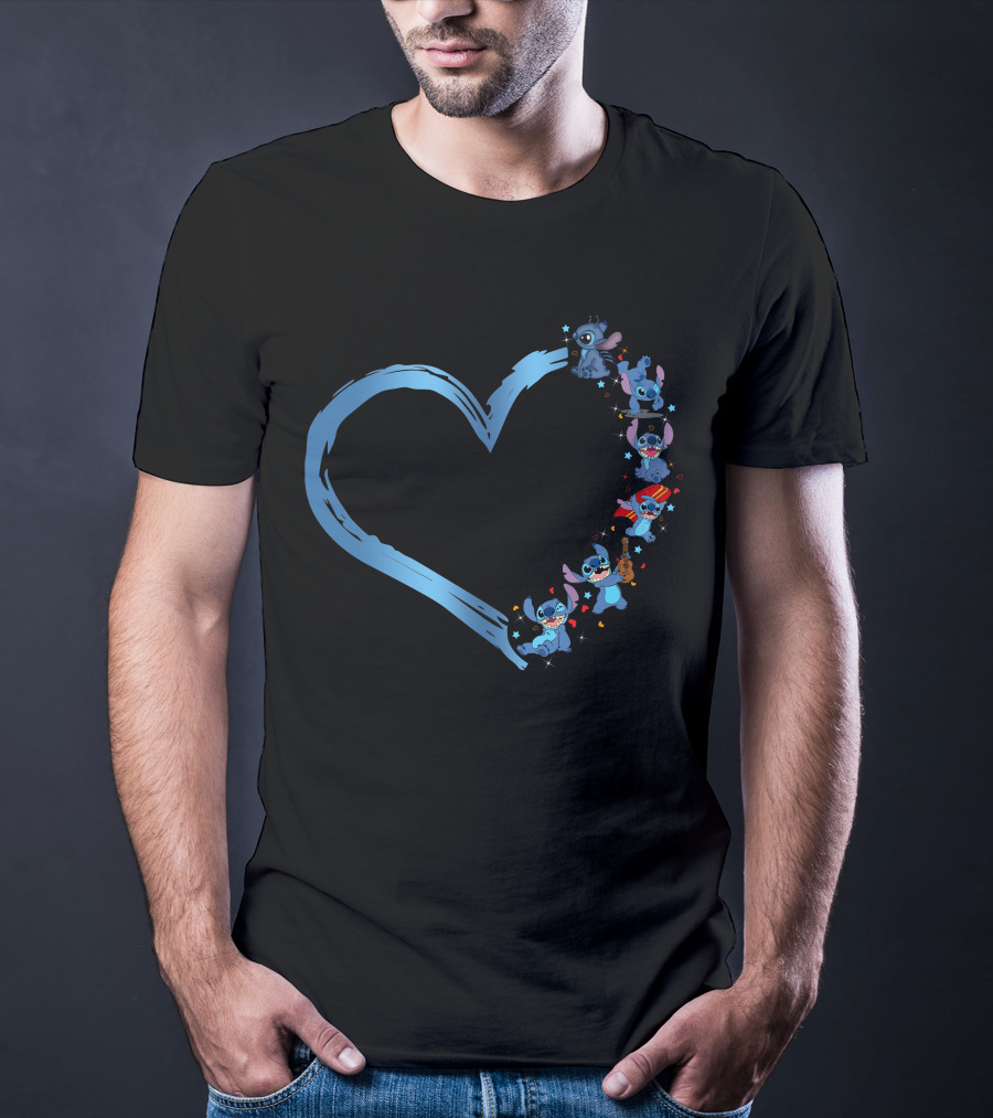 I Love Stitch Heart Shaped Blue Brush Characters T-Shirt
