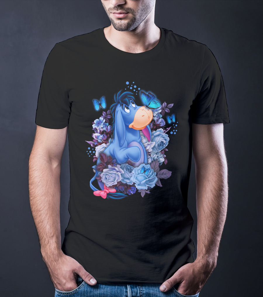 Eeyore Surrounded By Blue Flowers And Butterflies T-Shirt