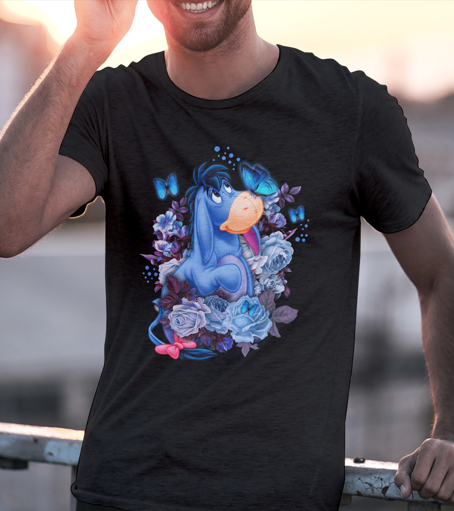 Eeyore Surrounded By Blue Flowers And Butterflies T-Shirt