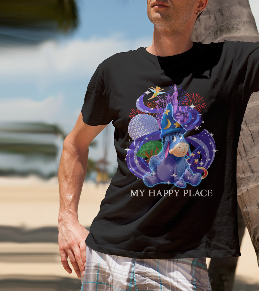 Eeyore My Happy Place Disney Castle Fireworks Spaceship Earth Tinker Bell T-Shirt