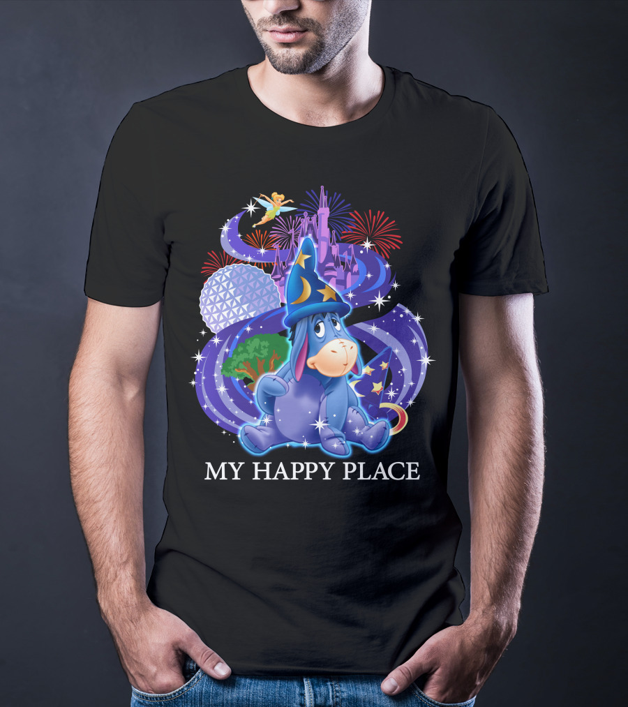 Eeyore My Happy Place Disney Castle Fireworks Spaceship Earth Tinker Bell T-Shirt