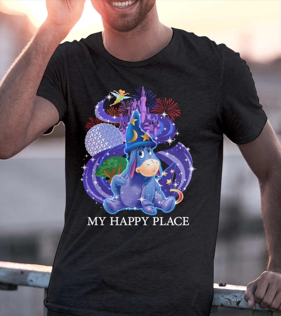 Eeyore My Happy Place Disney Castle Fireworks Spaceship Earth Tinker Bell T-Shirt