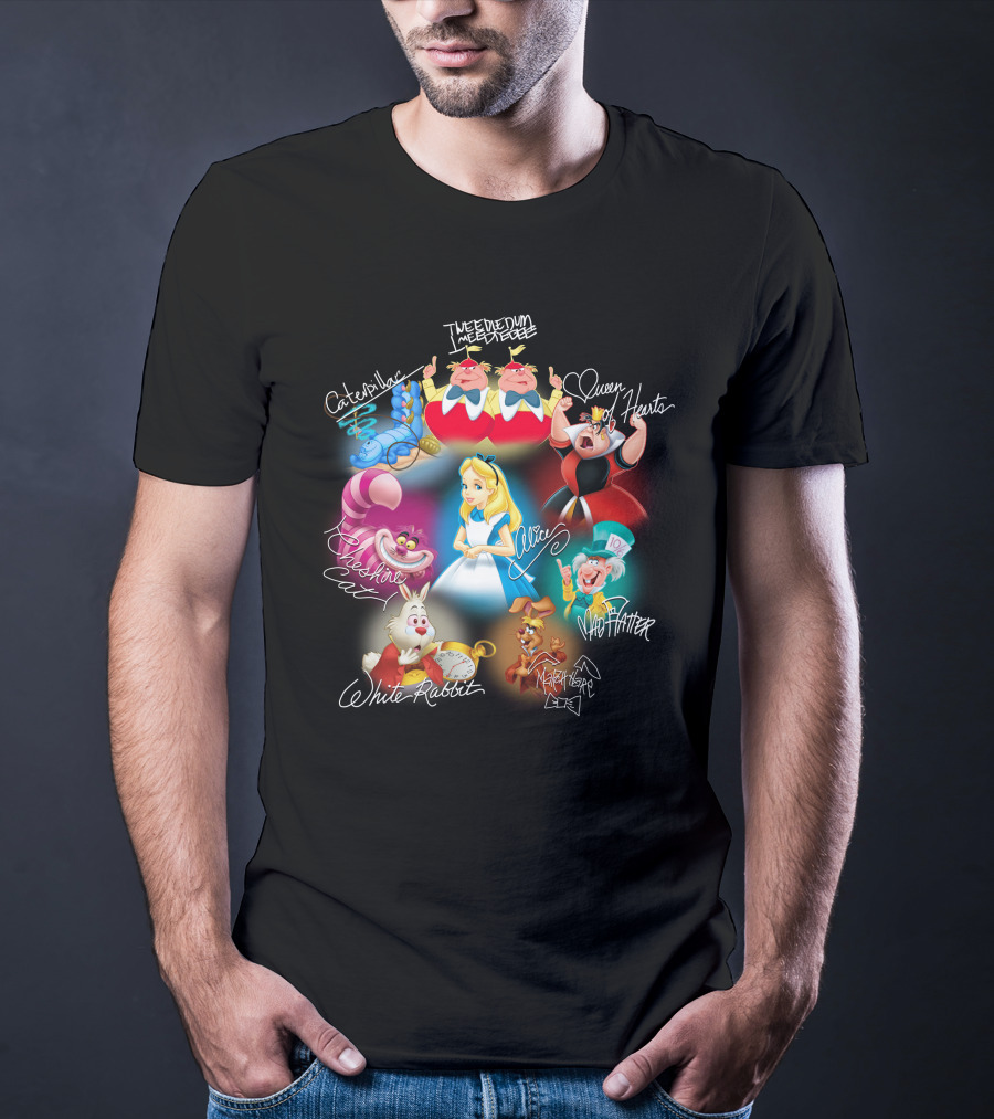 Alice Tweedledee Tweedledum Queen Hearts Cheshire Cat White Rabbit Mad Hatter Caterpillar March Hare Signatures T-Shirt
