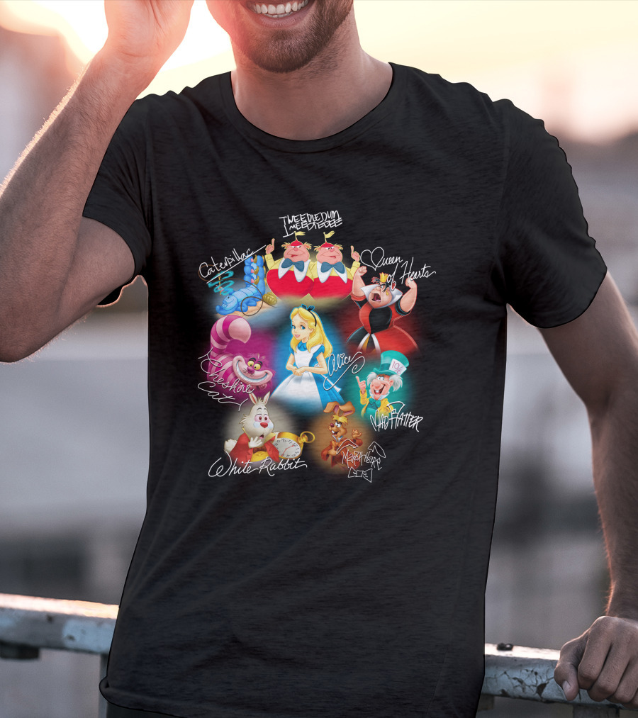 Alice Tweedledee Tweedledum Queen Hearts Cheshire Cat White Rabbit Mad Hatter Caterpillar March Hare Signatures T-Shirt