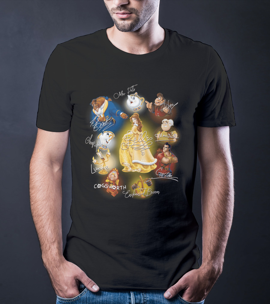 Belle Beast Mrs. Potts Chip Lumiere Cogsworth Enchanted Broom Gaston Maurice Lefou T-Shirt