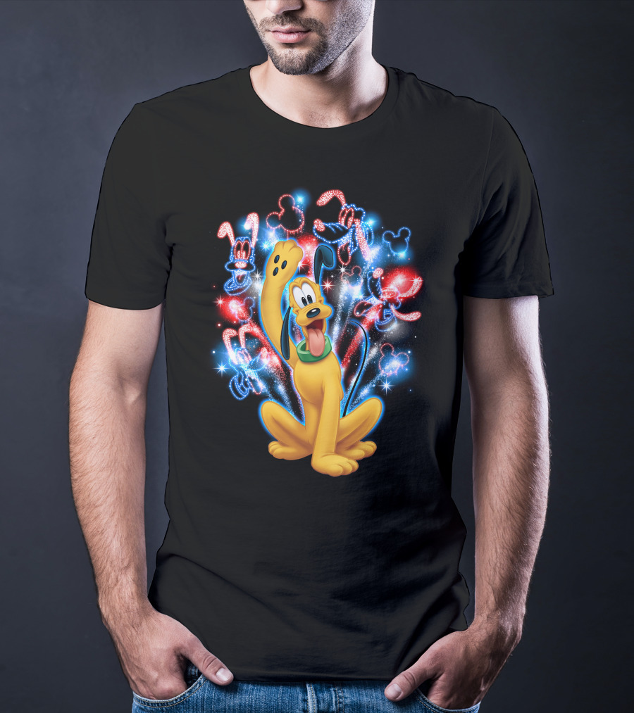 Pluto Disney Fireworks With Mickey Mouse Outlines T-Shirt