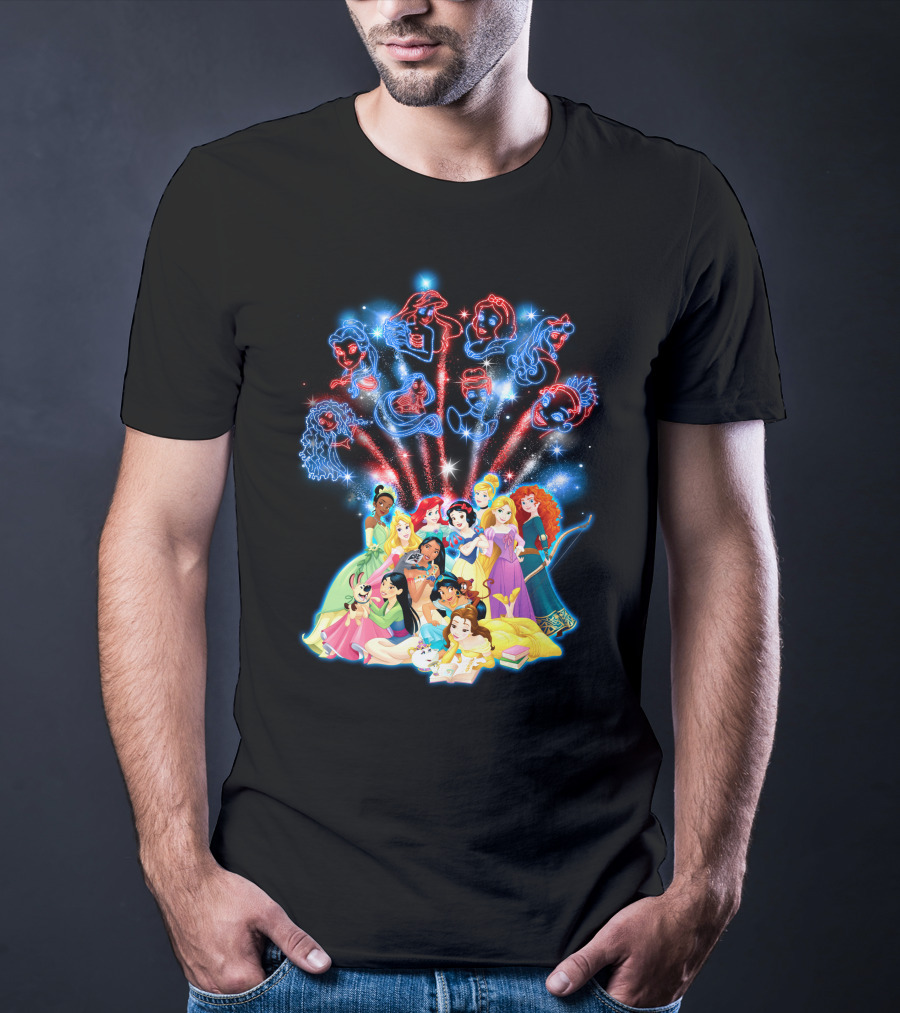 Disney Princess Characters And Fireworks T-Shirt