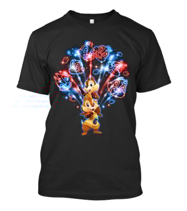 Chip N Dale Red And Blue Firework Display With Chipmunk Faces T-Shirt