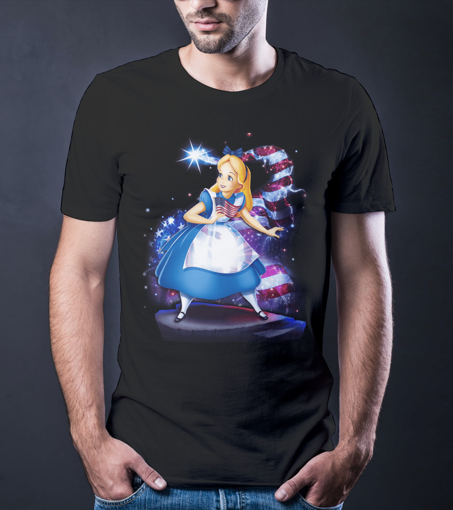 Alice Holding American Flag In Wonderland With Stars And Stripes Background T-Shirt