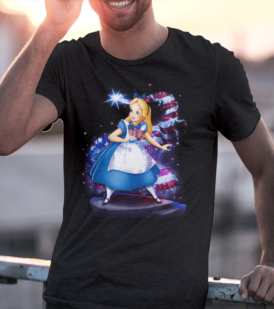 Alice Holding American Flag In Wonderland With Stars And Stripes Background T-Shirt