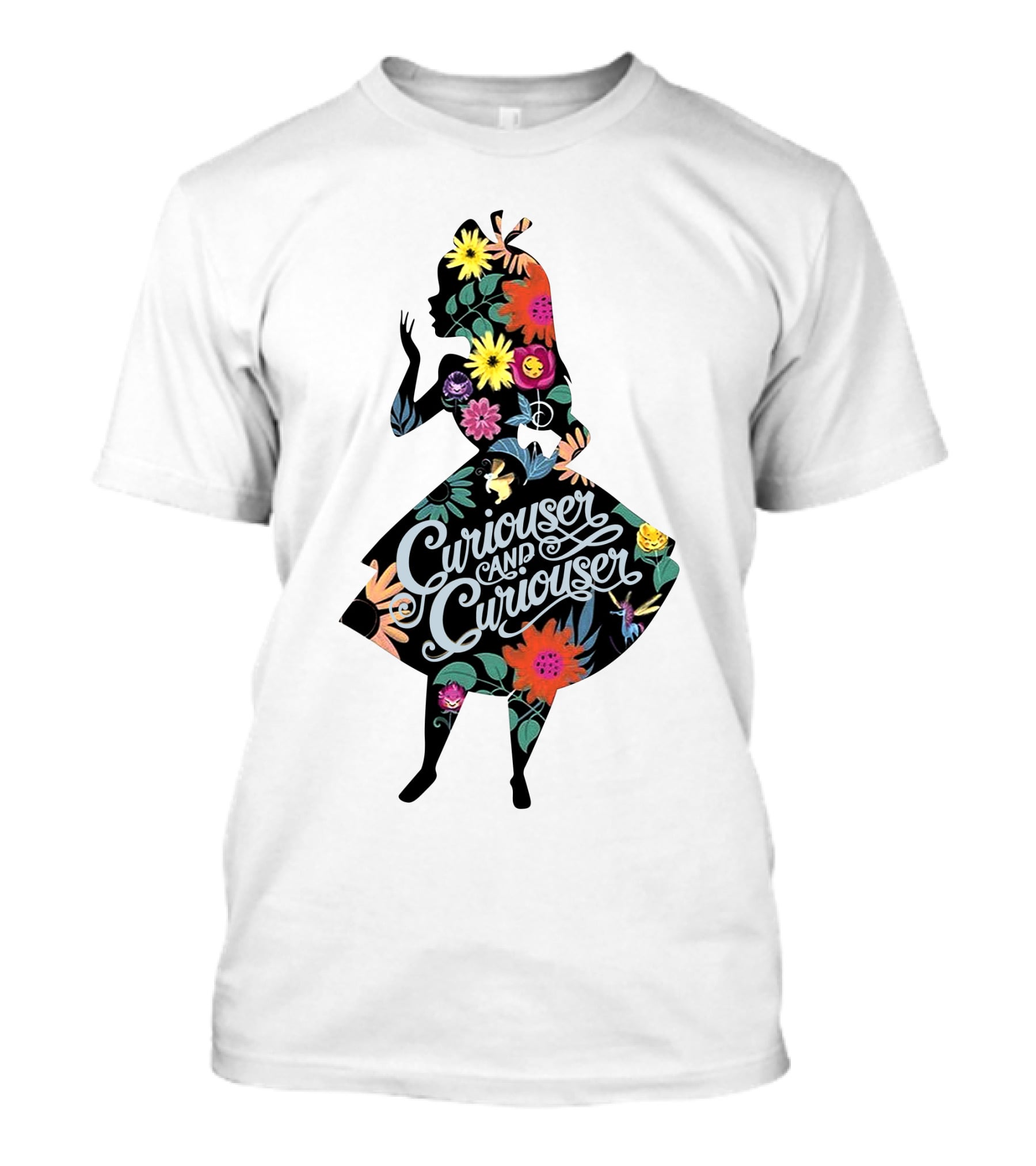 Curiouser And Curiouser Alice Silhouette With Colorful Floral T-Shirt