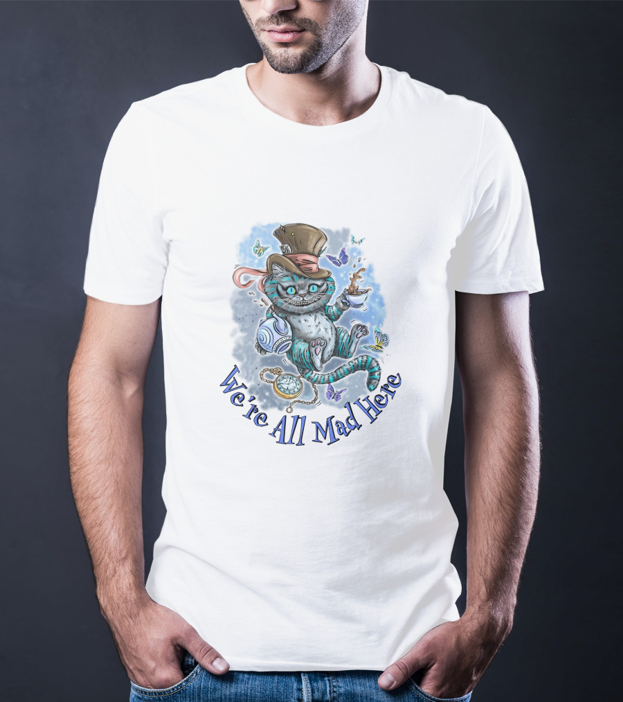 Cheshire Cat We're All Mad Here Mad Hatter Tea Party Butterflies Pocket Watch T-Shirt