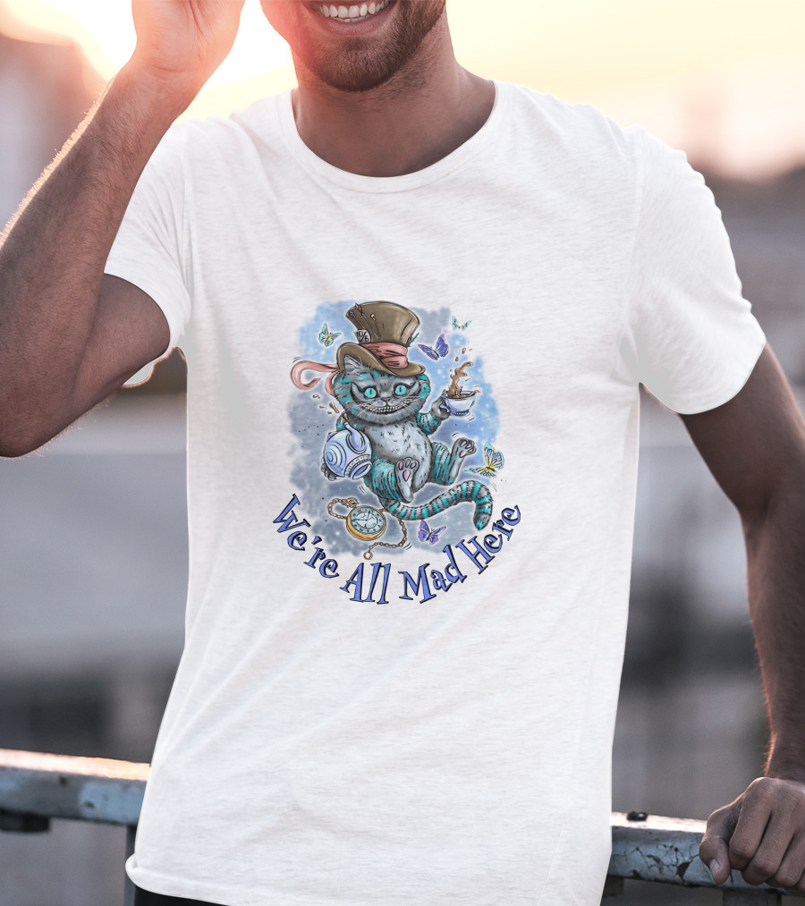 Cheshire Cat We're All Mad Here Mad Hatter Tea Party Butterflies Pocket Watch T-Shirt