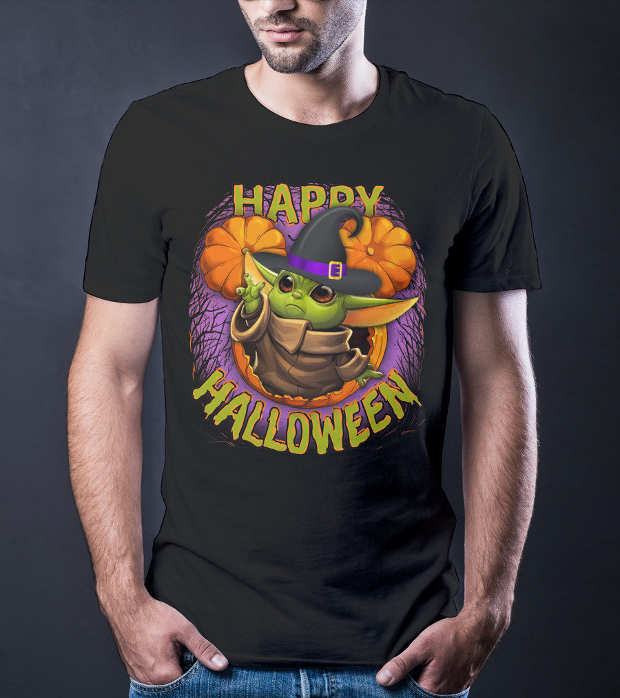 Happy Halloween Baby Yoda Magic Pumpkin Wizard Hat T-Shirt