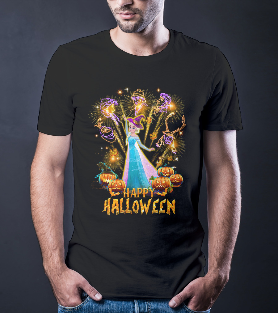 Elsa Happy Halloween With Fireworks And Pumpkins T-Shirt