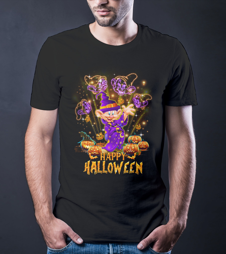 Happy Halloween Dopey In Wizard Hat With Fireworks And Pumpkins T-Shirt