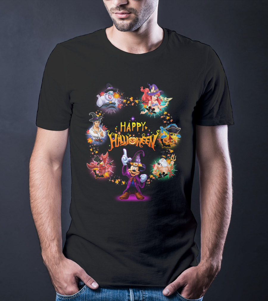 Happy Halloween Mickey Ariel Ursula Sebastian Pirate Captain Hook Disney Characters T-Shirt