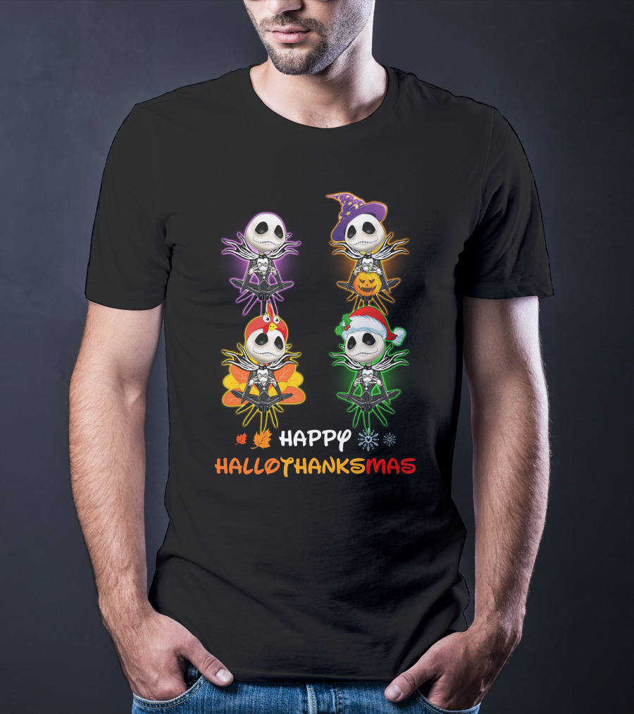 Happy Hallothankmas Jack Skellington Pumpkin Hat Turkey Leaf Snowflake T-Shirt
