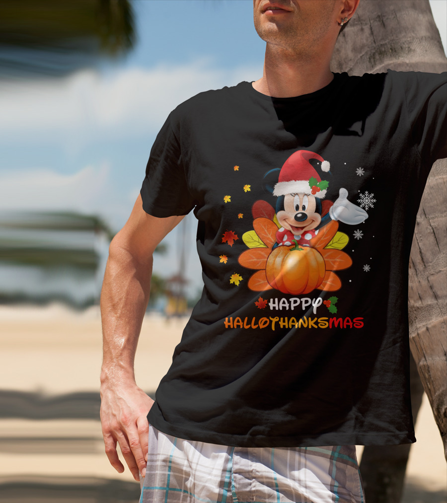 Happy Hallothankmas Minnie With Pumpkin And Santa Hat T-Shirt