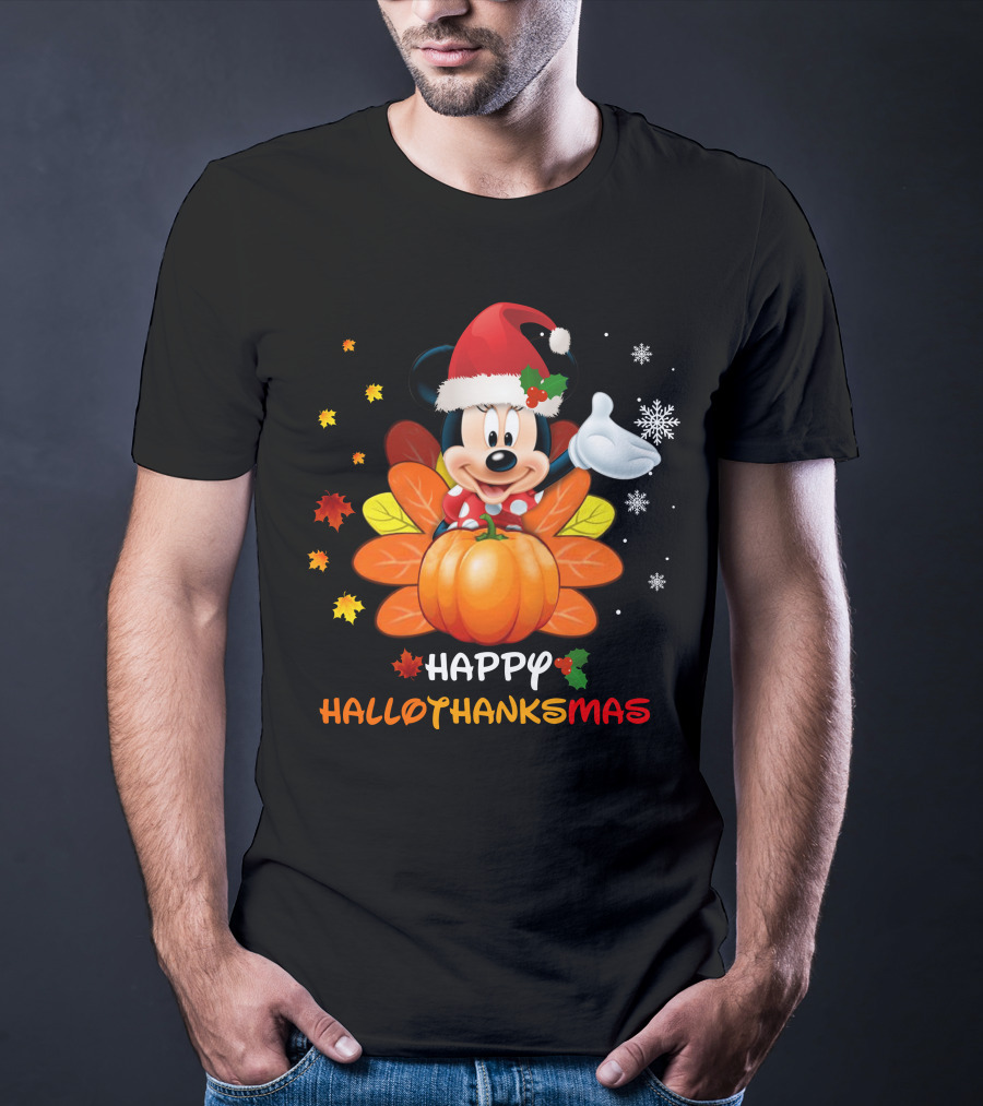 Happy Hallothankmas Minnie With Pumpkin And Santa Hat T-Shirt