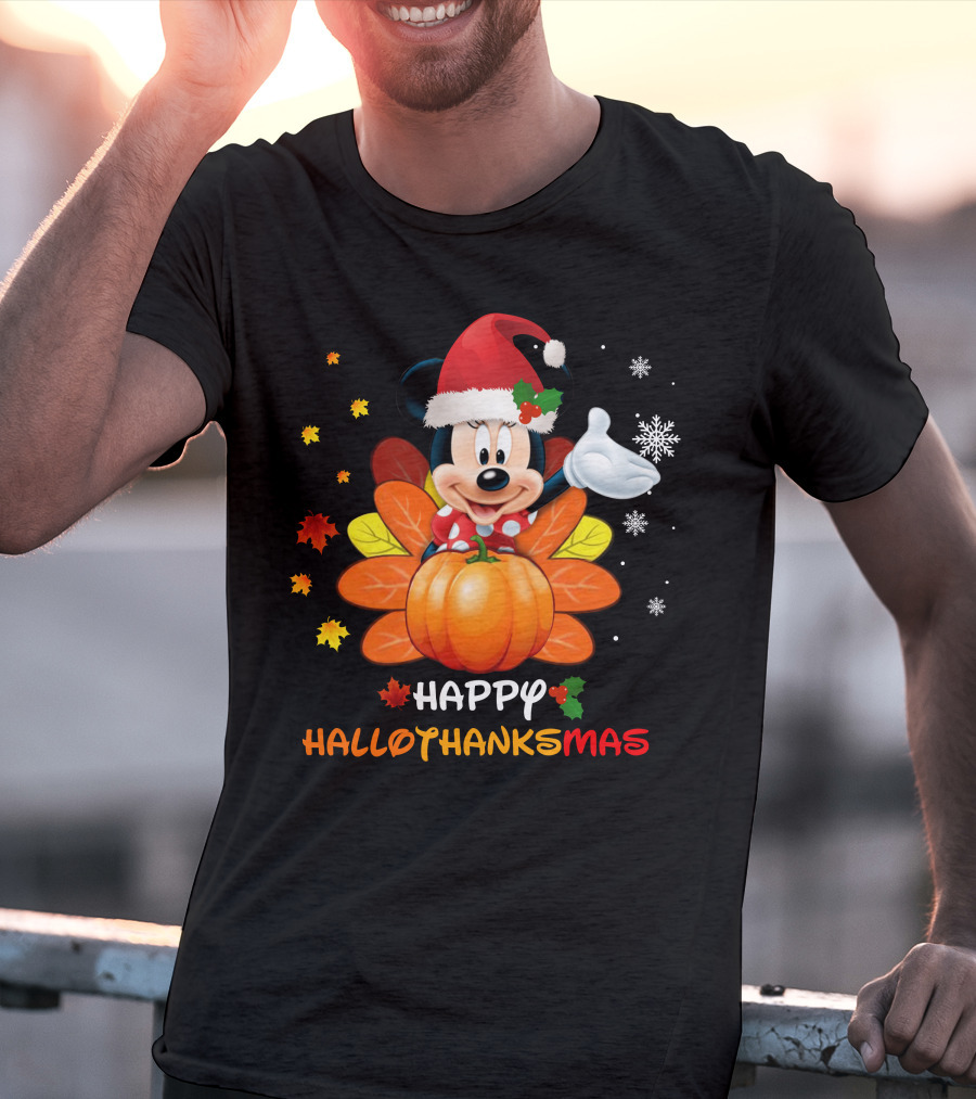 Happy Hallothankmas Minnie With Pumpkin And Santa Hat T-Shirt