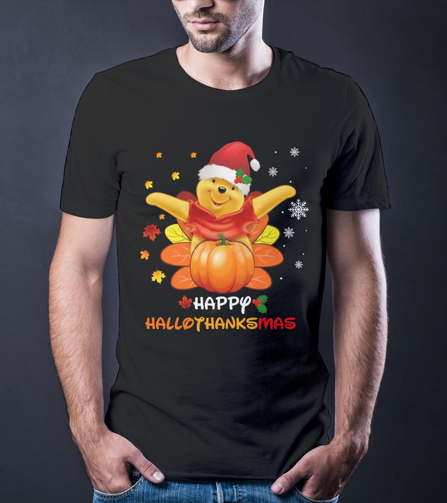 Happy Hallothankmas Pooh Pumpkin Santa Hat T-Shirt