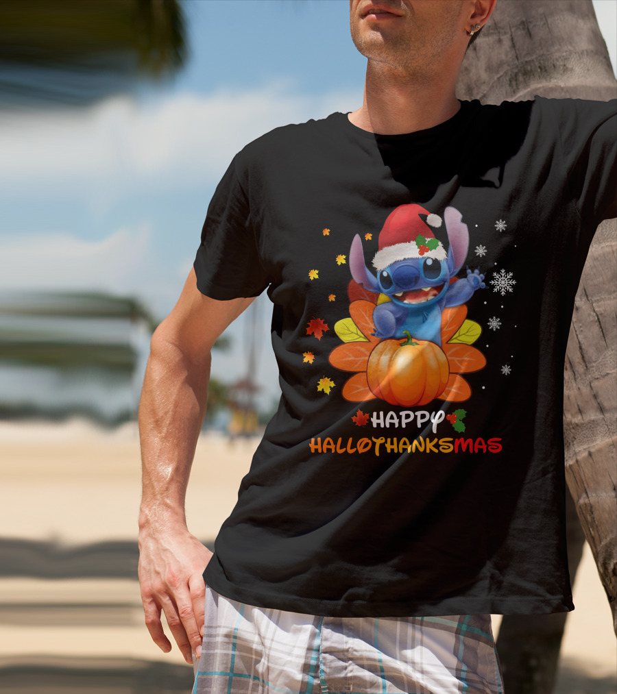 Happy Hallothankmas Stitch With Santa Hat Pumpkin Leaves Snowflakes T-Shirt