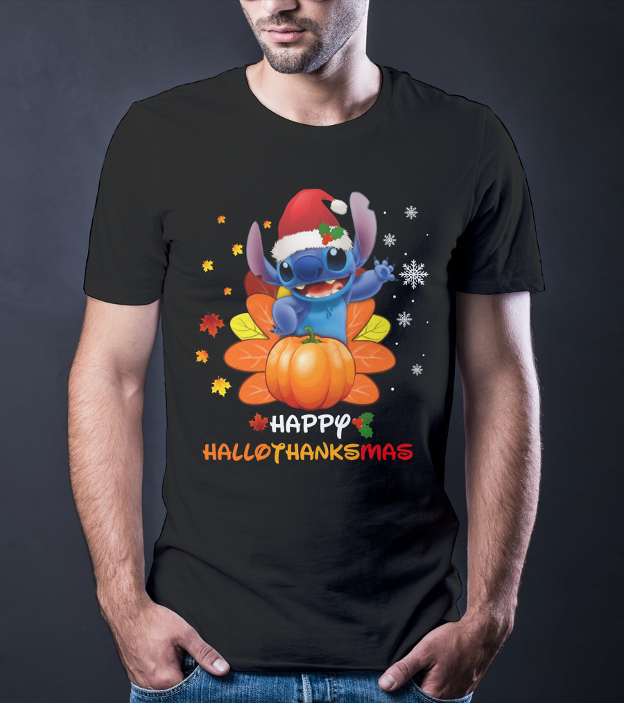 Happy Hallothankmas Stitch With Santa Hat Pumpkin Leaves Snowflakes T-Shirt