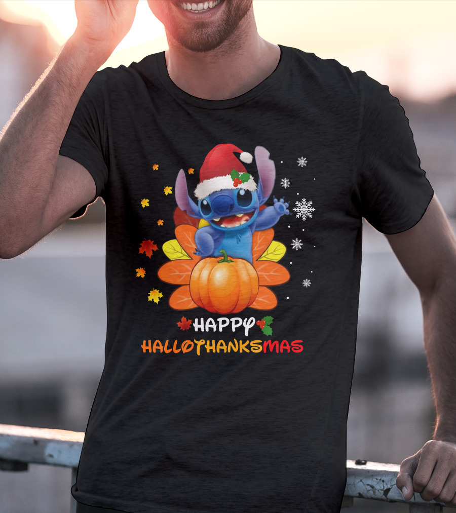 Happy Hallothankmas Stitch With Santa Hat Pumpkin Leaves Snowflakes T-Shirt