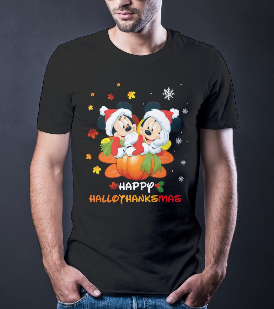 Happy Mickey And Minnie Hallothankmas Snowflakes Pumpkins Leaves T-Shirt