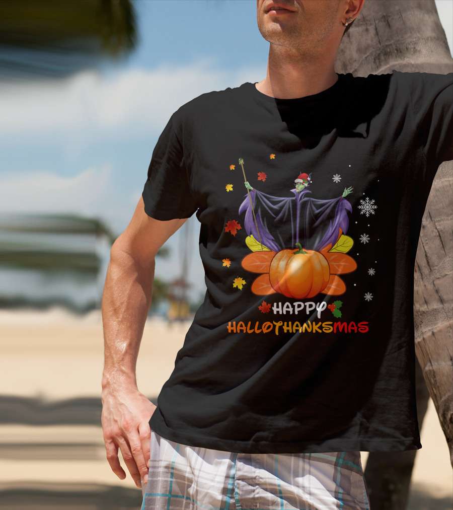 Happy Hallothankmas Maleficent Pumpkin Snowflakes Leaves Santa Hat T-Shirt