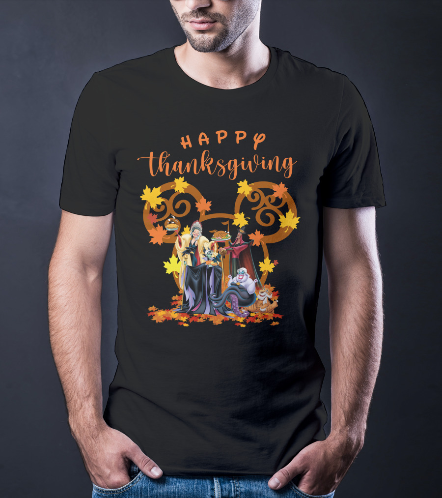 Happy Thanksgiving Disney Villains With Mickey Mouse Leaf Background T-Shirt
