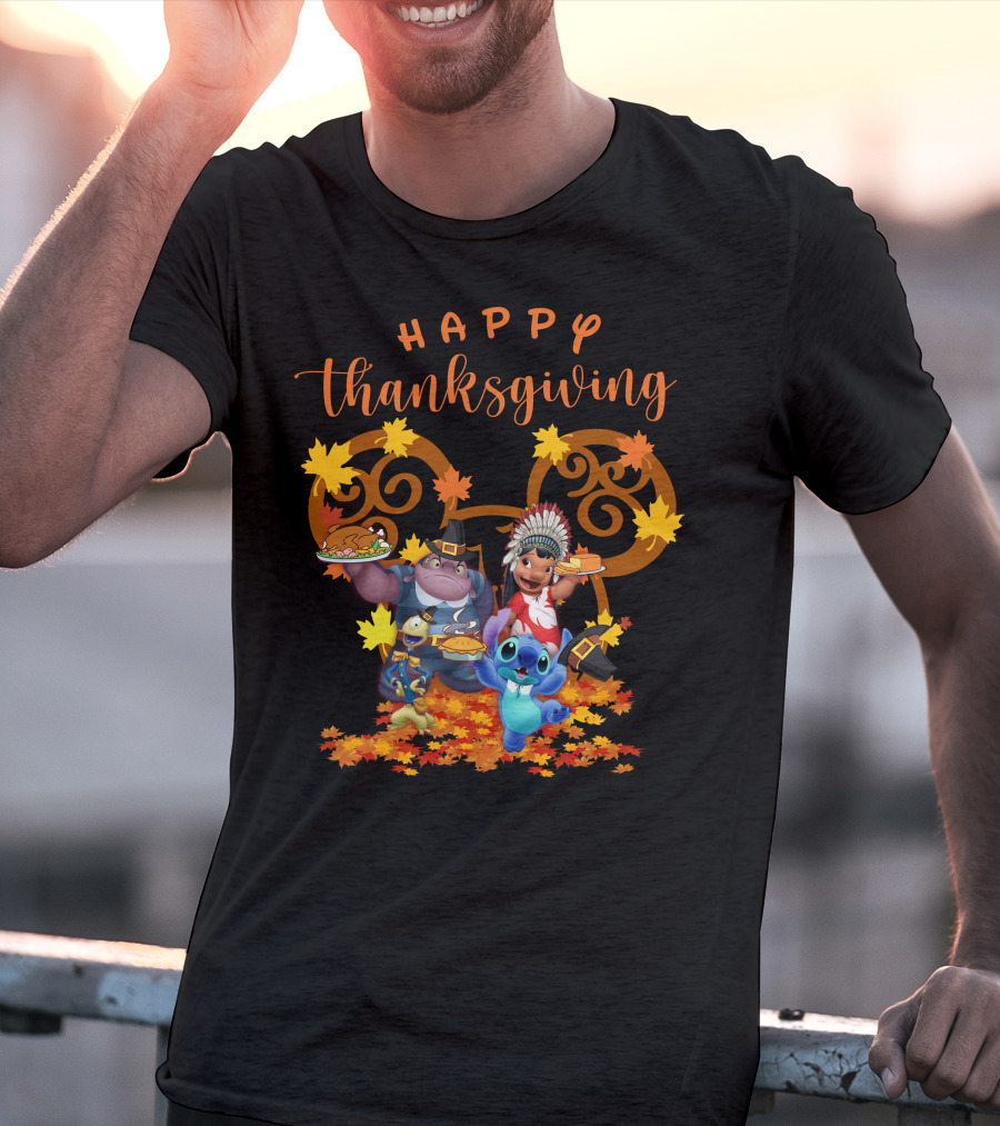 Lilo And Stitch Happy Thanksgiving With Characters And Autumn Leaves T-Shirt