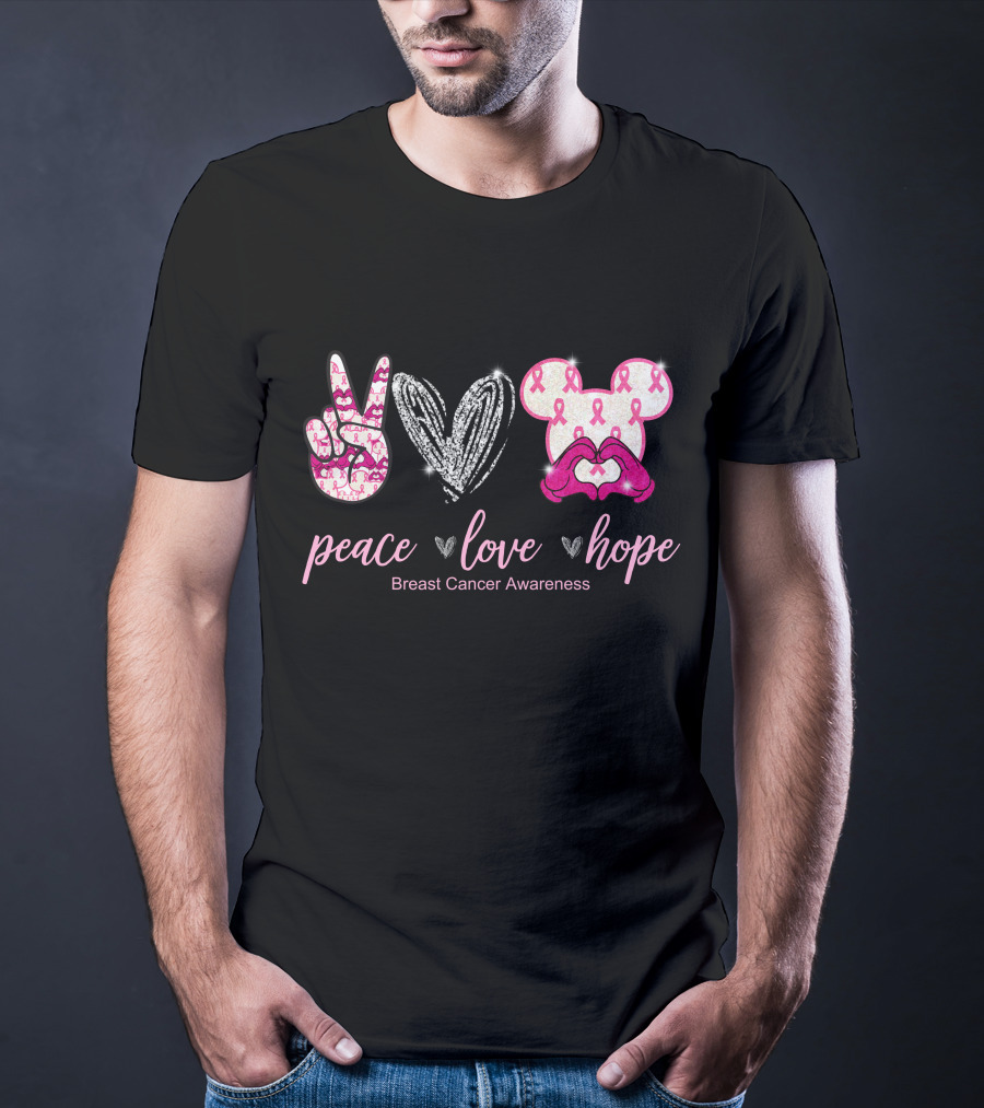Peace Love Hope Breast Cancer Awareness Pink Ribbon Mickey T-Shirt