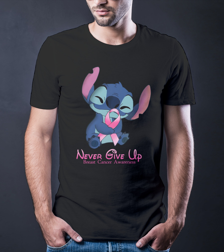 Never Give Up Breast Cancer Awareness Stitch Embrace T-Shirt