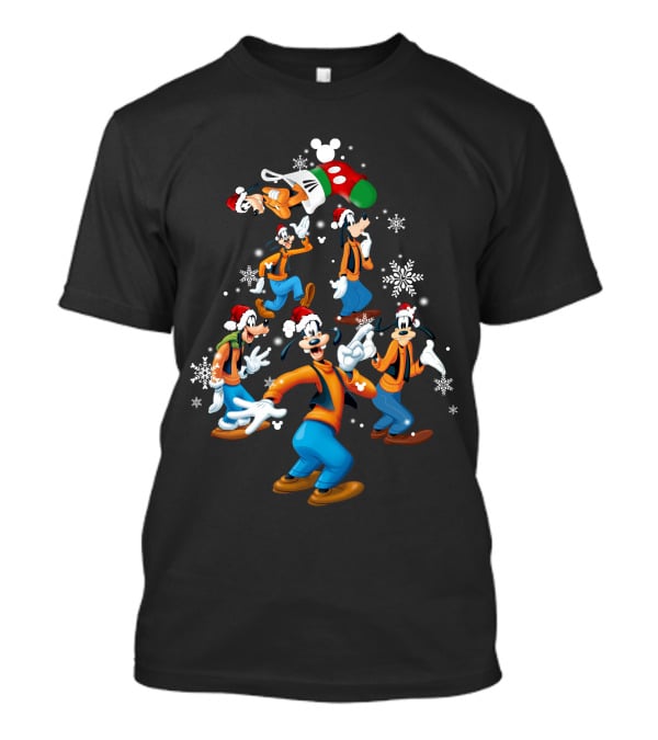 Disney Goofy Christmas Tree With Santa Hat And Snowflakes T-Shirt