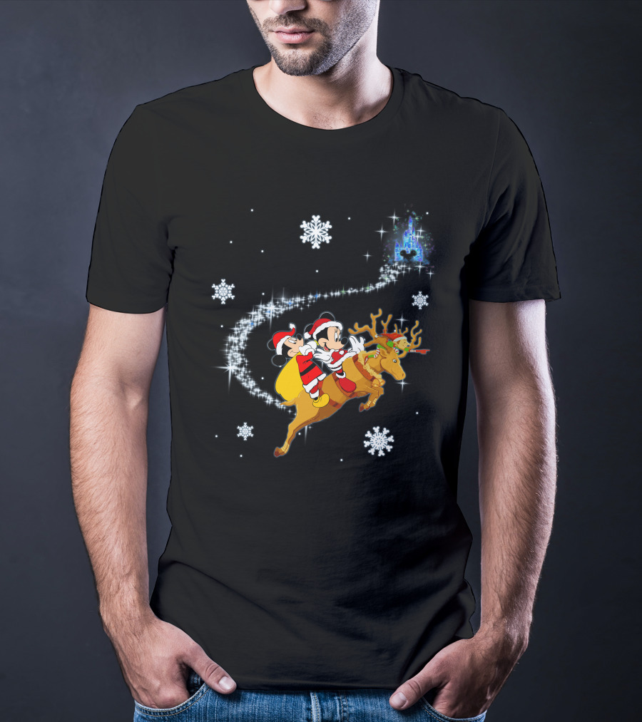 MK Deer Christmas Mickey And Minnie Santa Reindeer Snowflakes Disney Castle T-Shirt