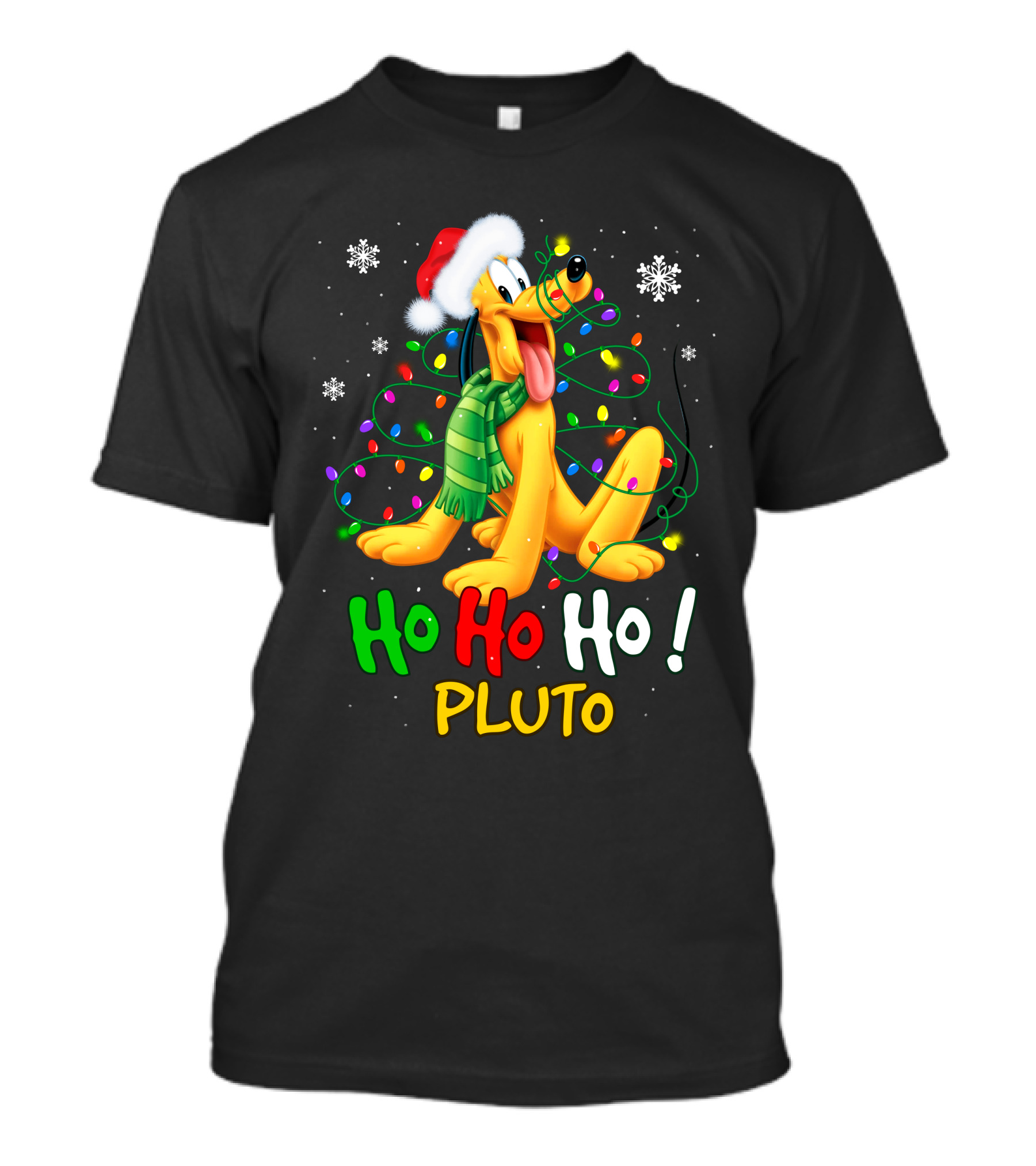 Ho Ho Ho Pluto Christmas Lights Santa Hat Snowflakes Scarf T-Shirt