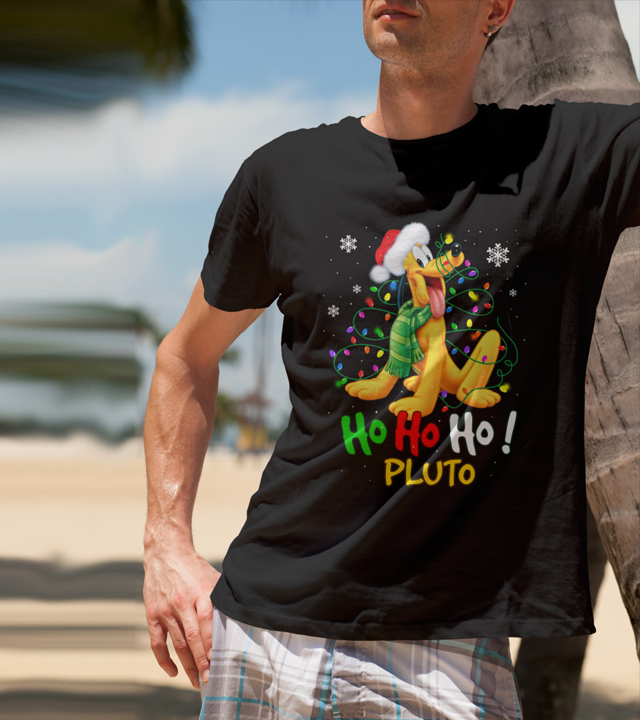 Ho Ho Ho Pluto Christmas Lights Santa Hat Snowflakes Scarf T-Shirt