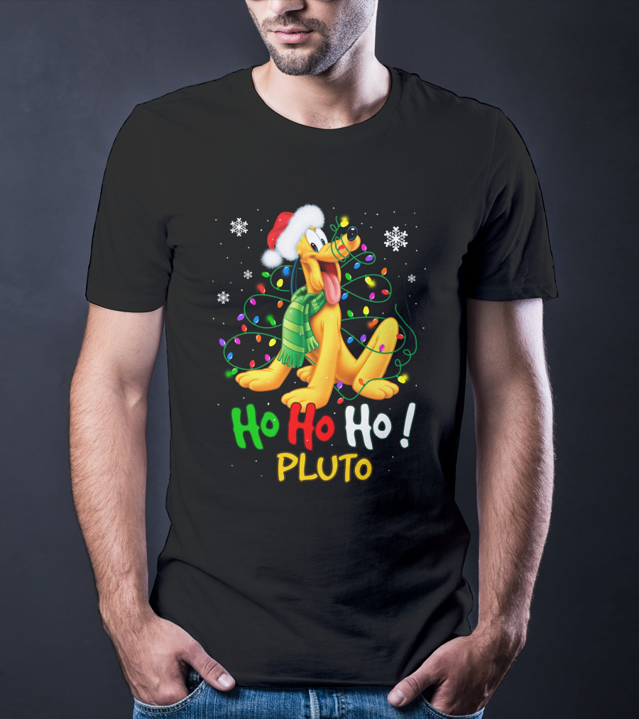 Ho Ho Ho Pluto Christmas Lights Santa Hat Snowflakes Scarf T-Shirt