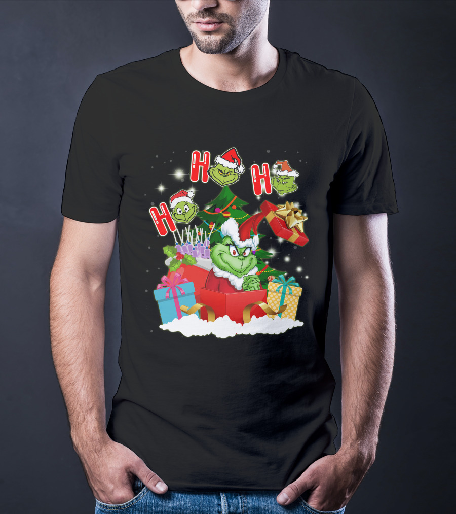 Grinch Christmas Ho Ho Ho Presents Tree Gifts Holiday Scene T-Shirt