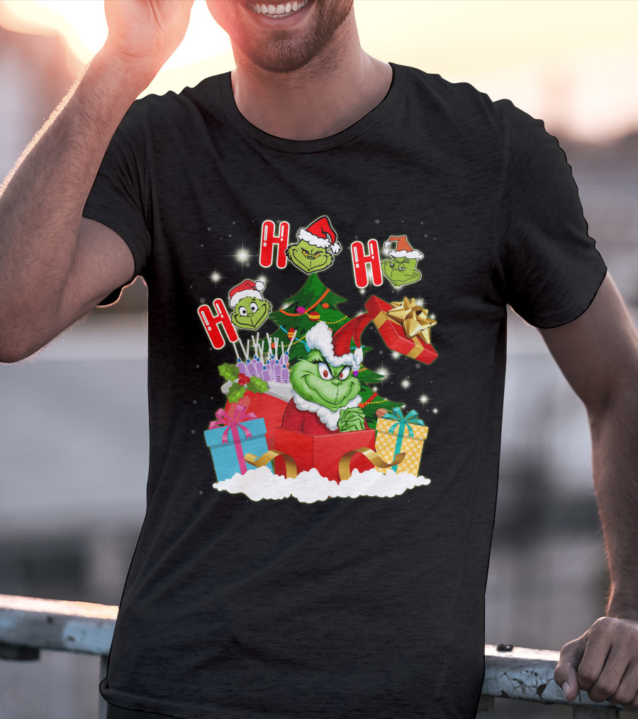 Grinch Christmas Ho Ho Ho Presents Tree Gifts Holiday Scene T-Shirt
