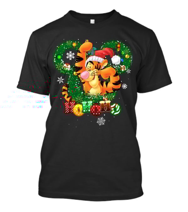 TG HHH Christmas Ho Ho Ho Tigger Santa Hat Snowflakes Holiday Wreath T-Shirt