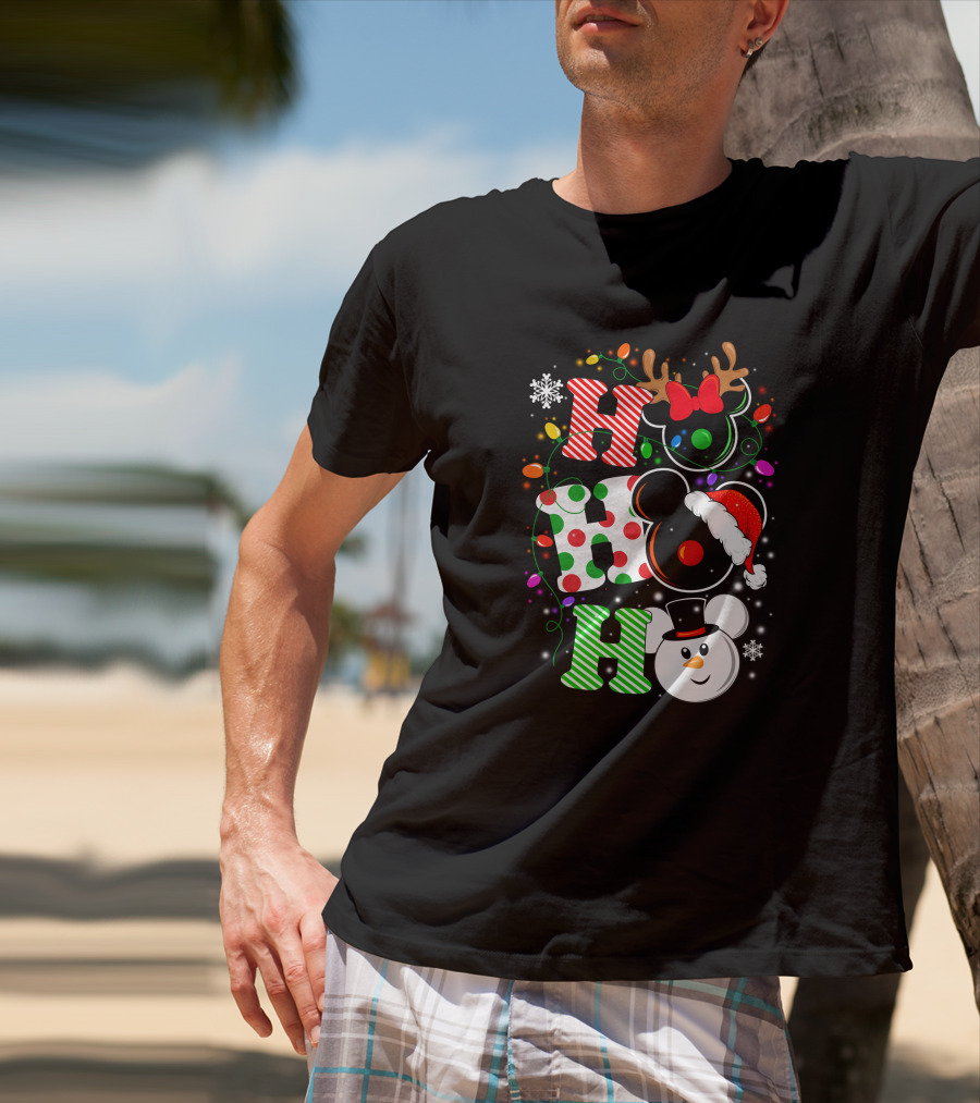 HHH Christmas Ho Ho Ho Disney Snowman Reindeer Ears Santa Hat Lights Bow T-Shirt