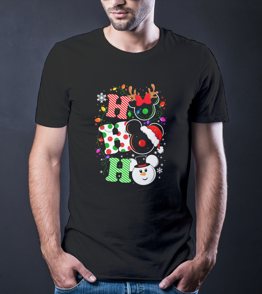 HHH Christmas Ho Ho Ho Disney Snowman Reindeer Ears Santa Hat Lights Bow T-Shirt