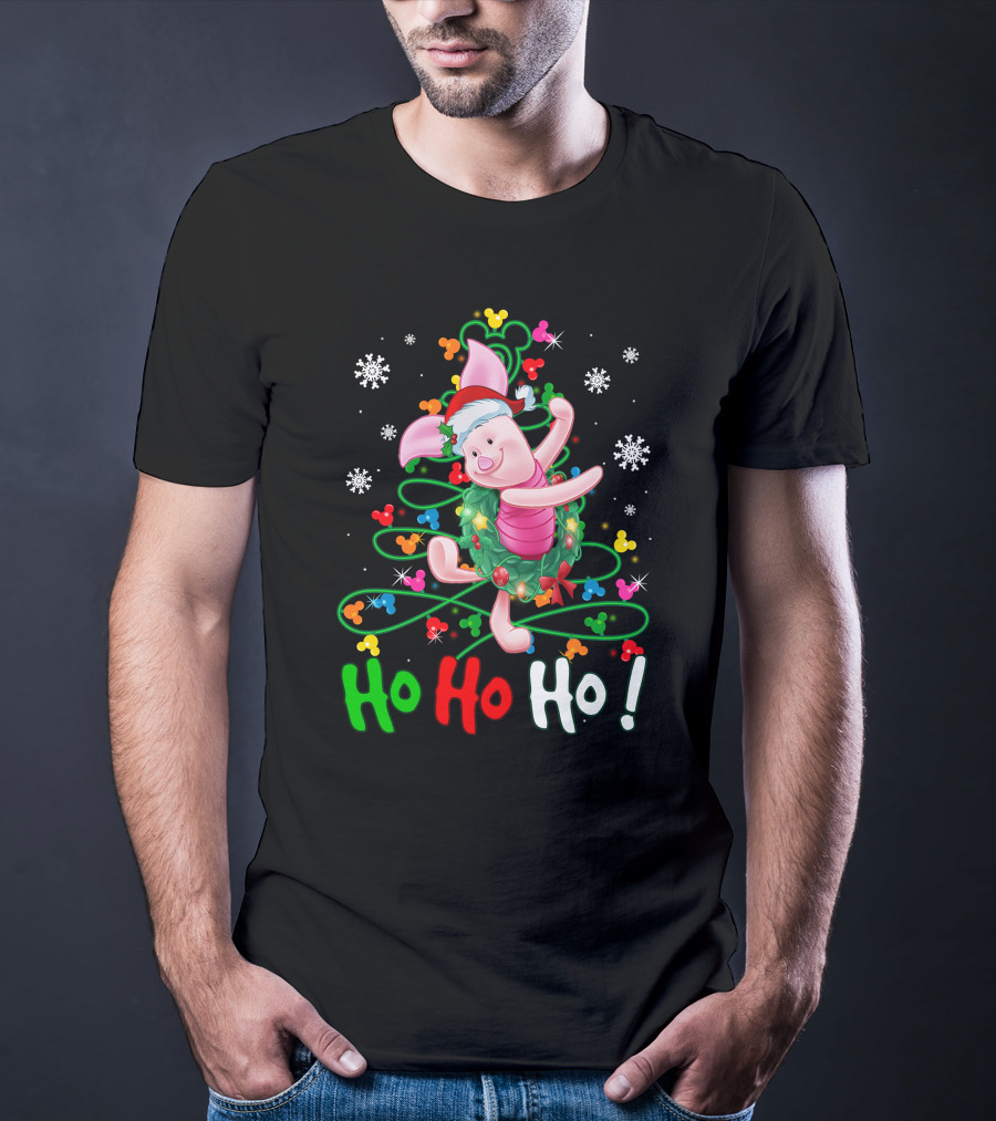Ho Ho Ho Piglet Christmas Festive Wreath And Santa Hat T-Shirt
