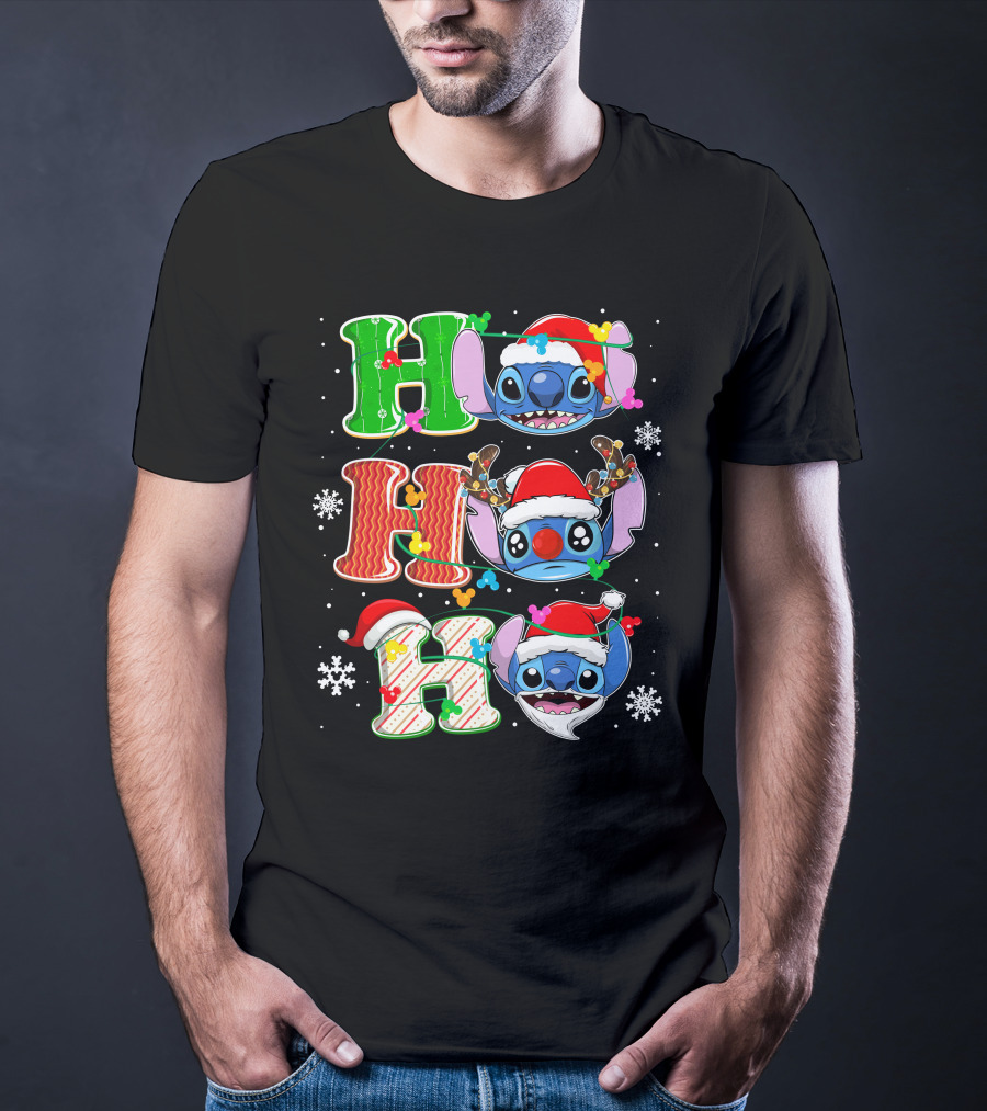 ST HHH Christmas Ho Ho Ho Stitch Holiday Sweater Santa Hat Snowflakes T-Shirt