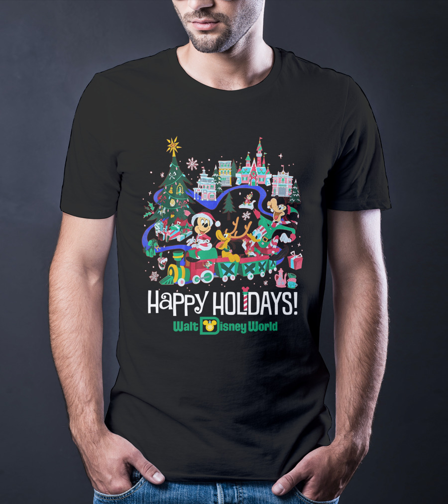 Walt Disney World Happy Holidays Christmas Mickey And Friends Festive Scene T-Shirt